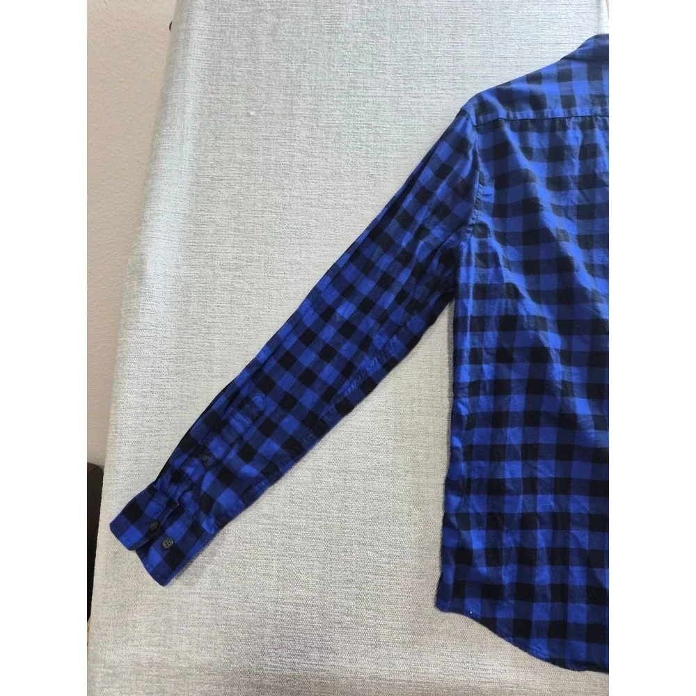 Banana Republic Shirt Men Medium Blue Black Buffalo Check Untucked Fit Button UP